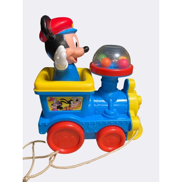 Disney Mickey Mouse Train Pull Toy Vintage Blue yellow Red Pop Balls Corn Popper - Picture 4 of 10